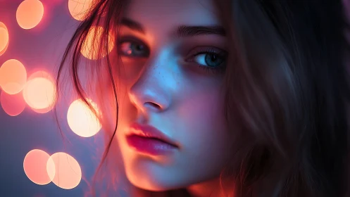 Soft neon gaze in a quiet portrait of thoughtful light.