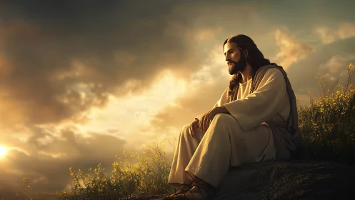 Solitary robed figure seated on hillside at golden sunset