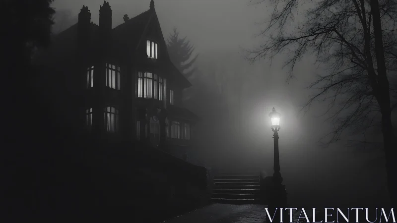 Soft lamplight welcomes visitors to a misty hillside house