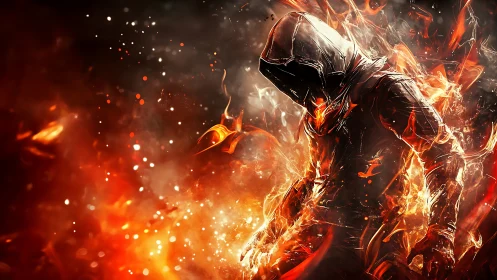 Hooded fiery warrior in erupting flames and burning embers.