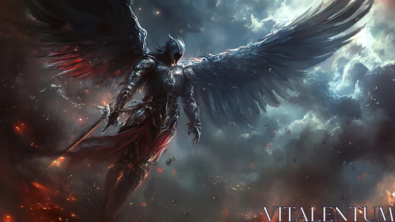 Armored fallen angel descends amid storm and fire.