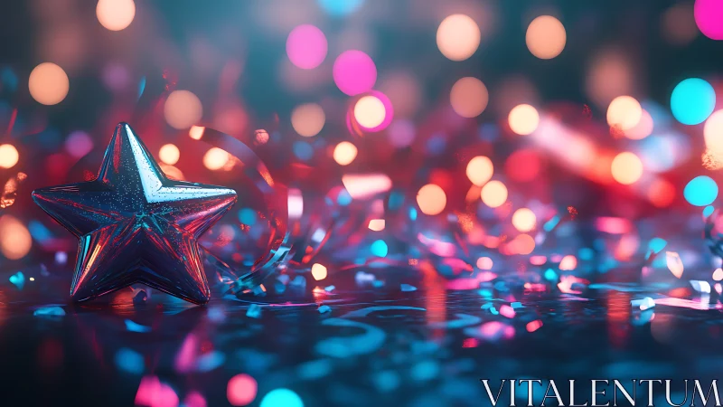 Metallic star ornament with colorful festive bokeh.