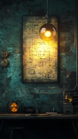 Industrial lab blueprint wall with warm tungsten glow.