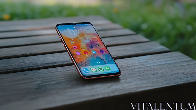 Consumer Technology Smartphone Display on Wooden Surface.