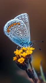 Blue butterfly on yellow wildflower in shallow depth field.