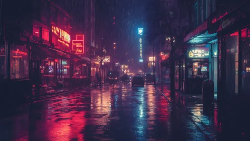 Neon-lit urban street at night is shown in persistent rainfall