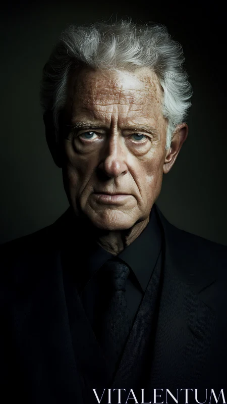 Stern older man in dark formal suit portrait, studio.