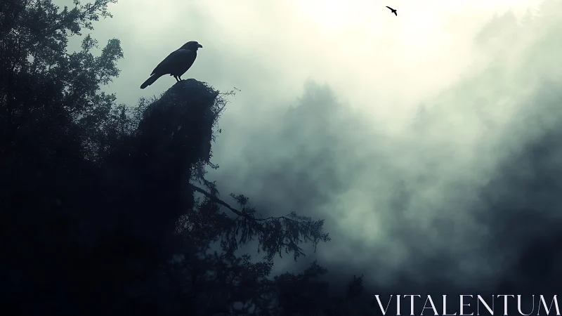 Silhouetted crow on forest branch in dense morning fog.