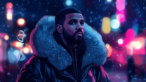 Neon city chill, fur-collared wanderer in winter glow.