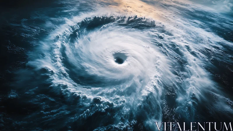 Satellite-style rendering captures cyclonic vortex with detailed eyewall
