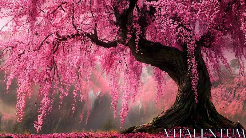 Curved flowering tree displays dense pink cascading blossoms