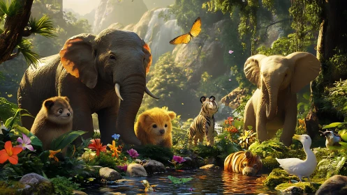 Jungle neighbors hold a glowing morning council by the creek