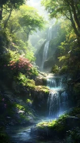 Gentle forest waterfall sanctuary bathed in soft morning light.