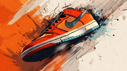 Dynamic orange sneaker illustration with bold paint splashes.