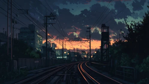 City twilight over quiet railway tracks glowing softly.