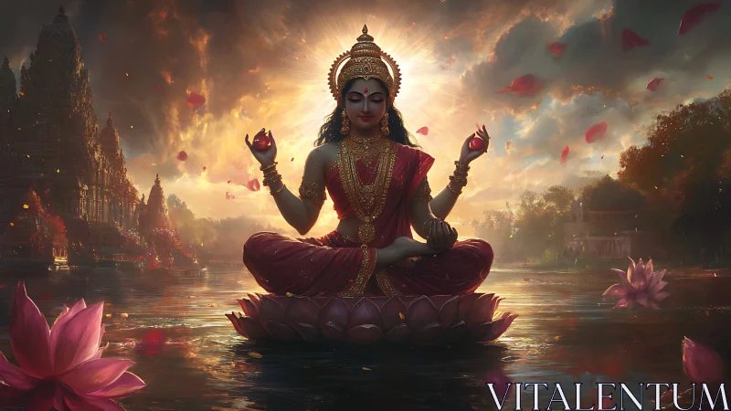 Digital goddess on lotus over river at glowing sunset.