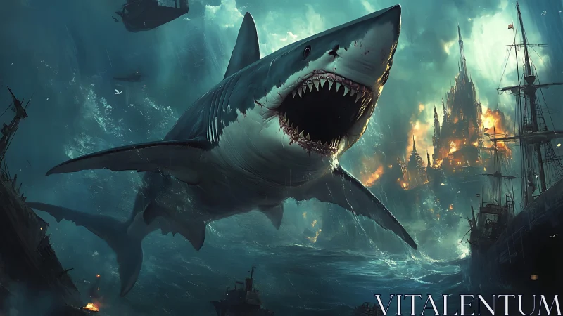 Colossal ocean shark surges toward a storm lit fantasy city.