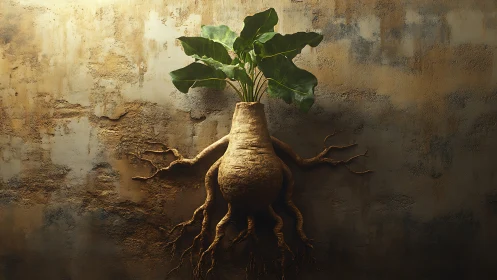 Rooted bulb plant clings to textured ochre wall surface.