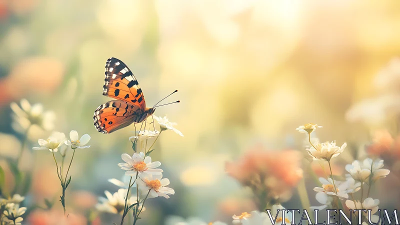 Photorealistic macro of butterfly on wildflower bokeh field.