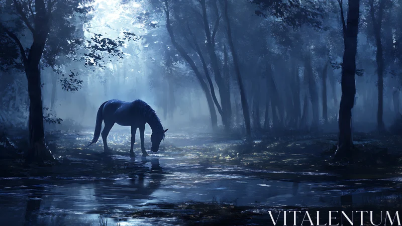 Gentle moonlit horse wandering through a quiet blue forest.