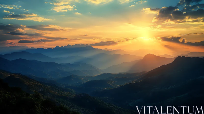 Layered mountain ranges recede beneath low sun and clouds