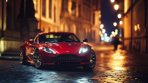 Red grand tourer sports coupe on wet cobblestone street at night
