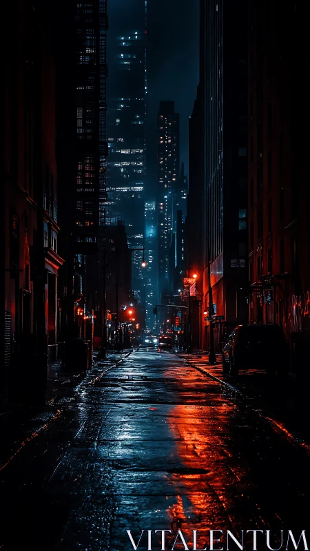 Rainy neon city alley at night with distant skyscrapers.