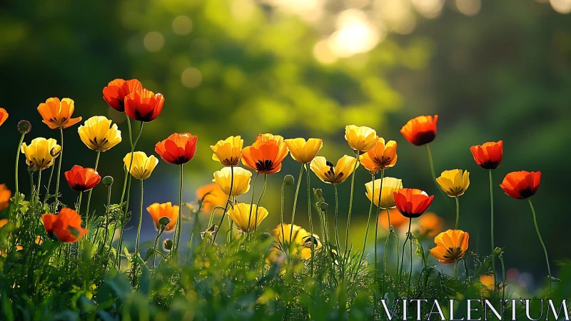 Spring Poppies in Golden Hour Sunlight with Shallow Depth Field.