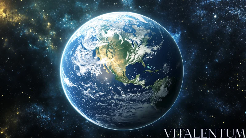 Blue planet in a starry cosmos, glowing with gentle light.