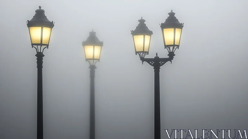 Foggy street lamps glowing softly in dense morning mist.