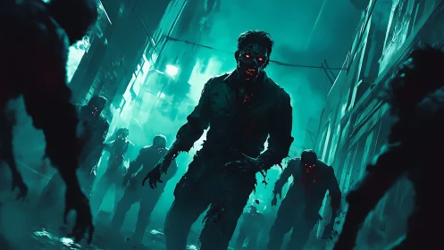 Undead figures advancing through narrow urban alleyway.