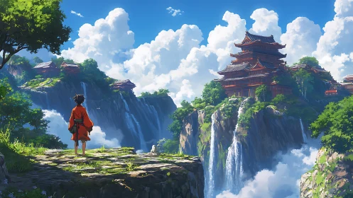Young traveler gazes toward serene cliffside temples in wonder