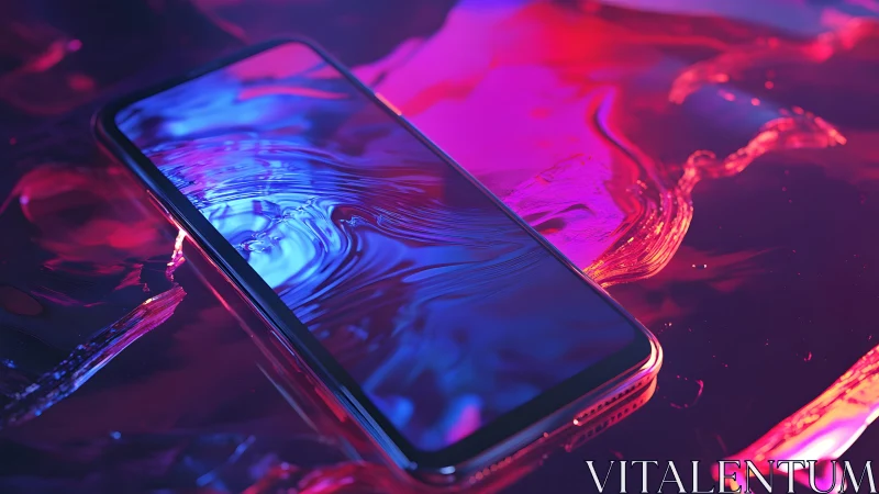Modern smartphone on reflective surface with neon lighting effects. Modern smartphone on reflective surface with neon lighting effects.