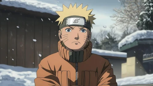 Blond anime boy stares ahead in quiet snowy village street