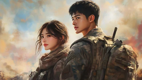 Soldier couple stand united against a soft painted sky.