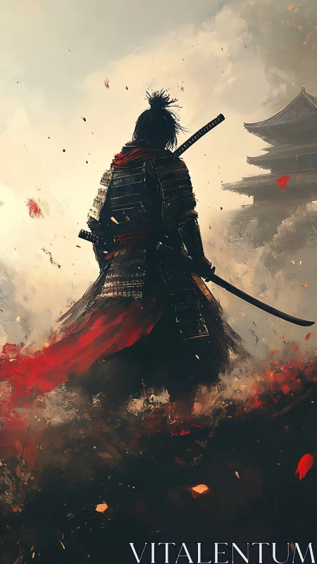 Digital painting of lone samurai silhouette in storming embers.
