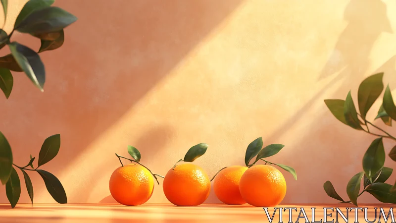 Sunlit oranges rest against warm textured pastel wall