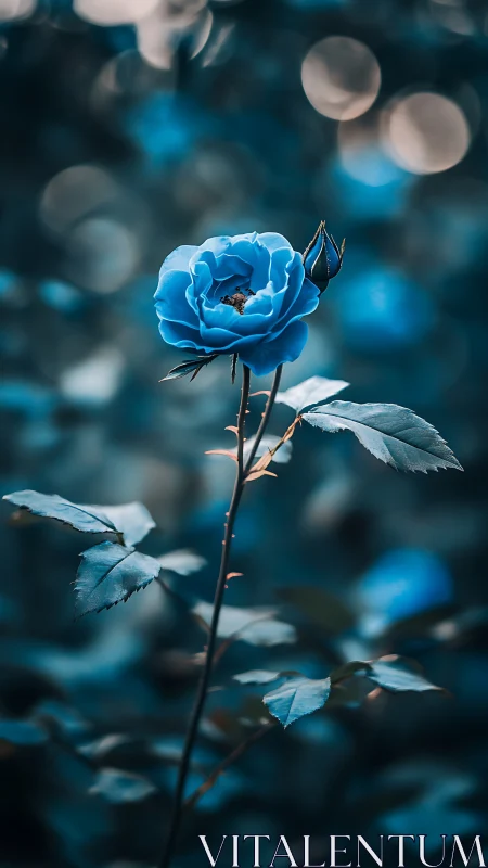 Blue rose glows softly against dreamy teal bokeh background.