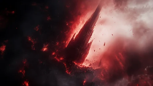 Dark volcanic spire rising through dense red smoke.