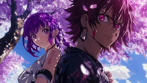 Dual anime warriors under saturated cherry blossoms, high contrast