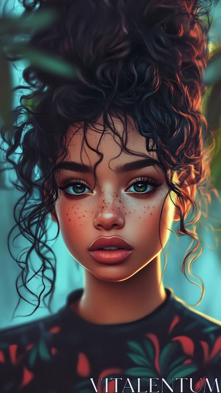 Curly haired girl with freckles in soft digital portrait.
