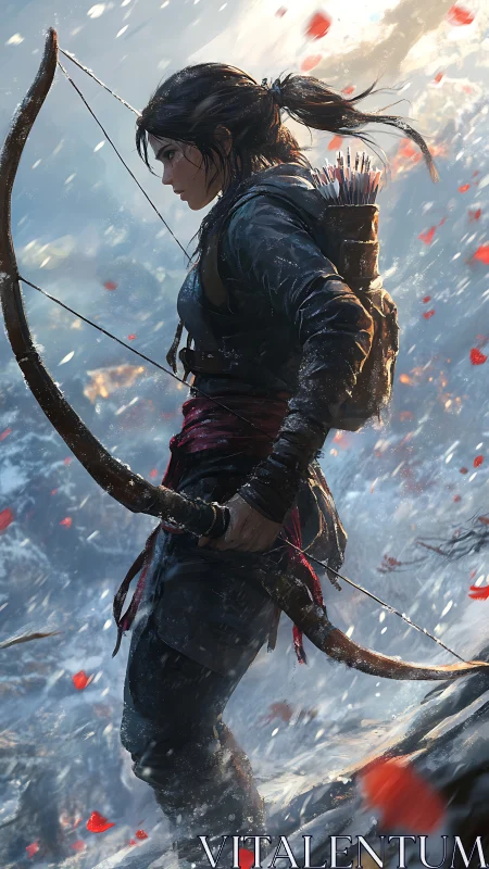 Female archer in snowy mountain storm draws bow and advances