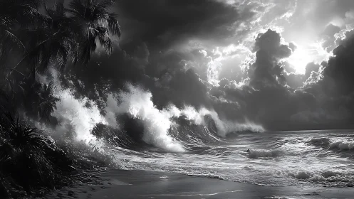 Storm-tossed monochrome waves crash beneath brooding skies