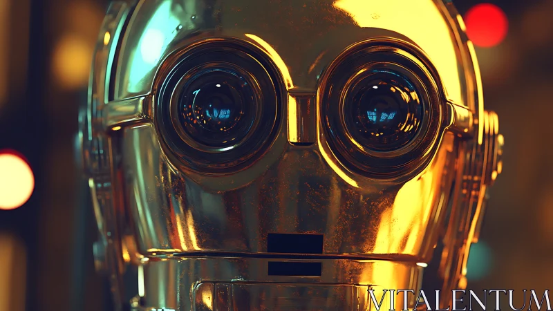 Golden protocol droid gazes ahead in neon-hazed glow.