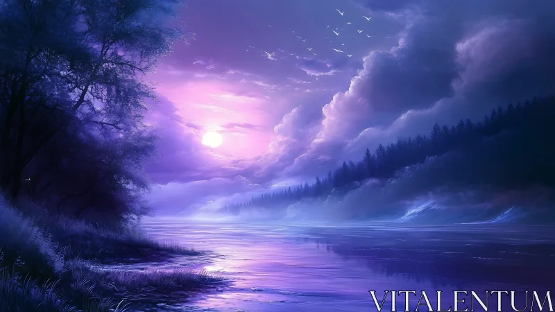Moonlit violet river sighing beneath feathered clouds.