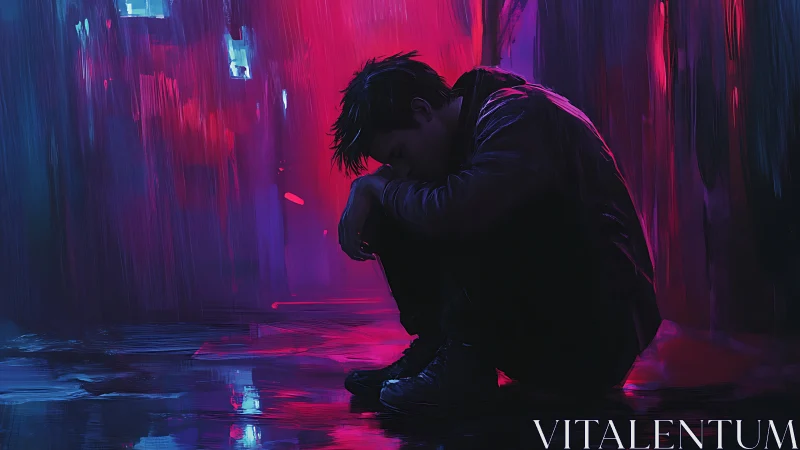 Neon rain cradles a lone boy in electric midnight sorrow.