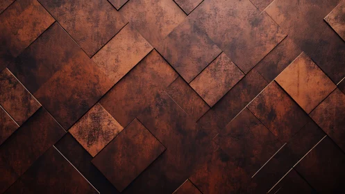 Layered rusted metal panels forming geometric pattern.