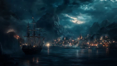 Moonlit harbor welcomes a lone tall ship to glowing shores.