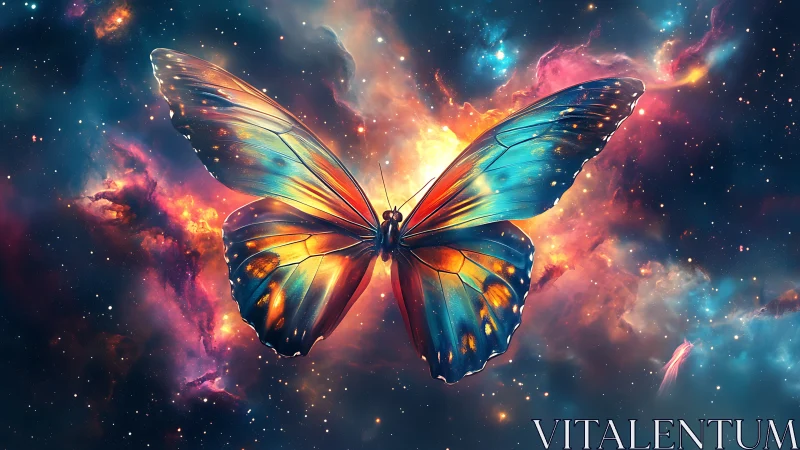 Digital butterfly rendered against colorful nebula field.