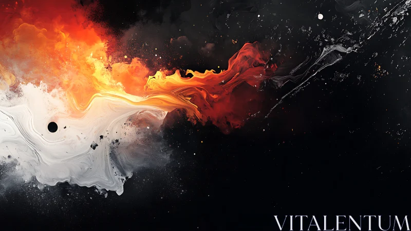 Fiery cosmic swirls drift across a deep starry black sky